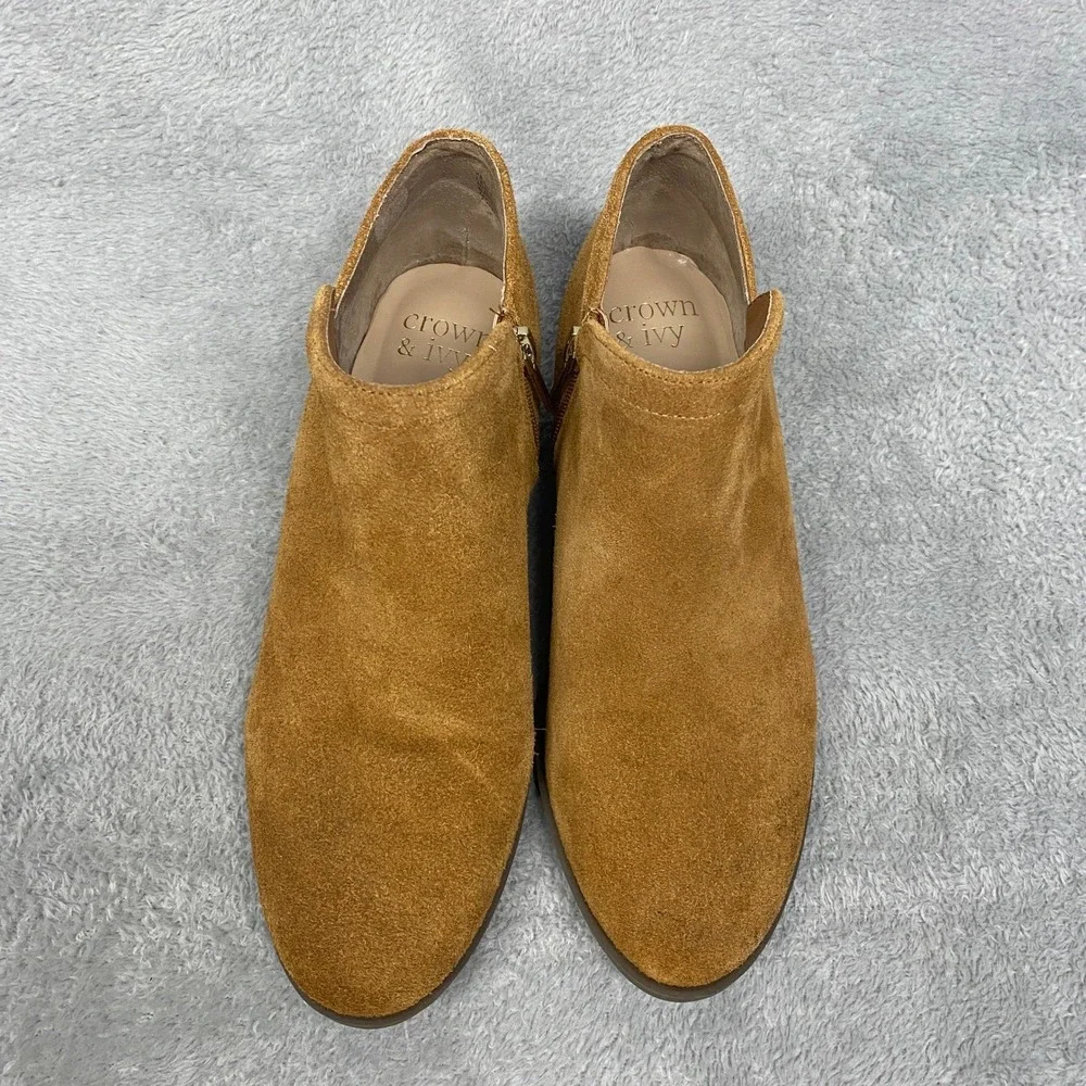 Crown Ivy Ankle Booties Womens 7 Wide Kendall Suede Side Zip Block Heel Tan‎ 7W